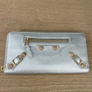 Balenciaga Metallic Silver Motocross Classic Zip Around Wallet, New